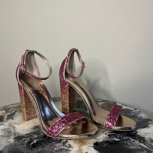 Pink gold glitter heeled sandals
